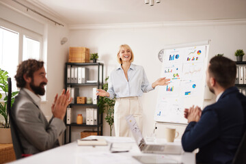 Three individuals participate in a meeting presentation where one person speaks while showing graphs. The setting is an office with charts and documents visible.