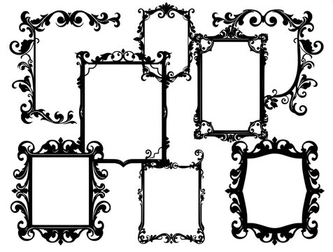 Six distinct black ornamental frames with intricate carvings and patterns, in rectangular, square, and oval shapes, showcasing a classic vintage aesthetic, are displayed together in a harmonious arran