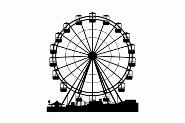 Black silhouette of ferris wheel at amusement park fairground attraction with skyline in background vector illustration for event poster travel tourism recreation and entertainment industry design tem