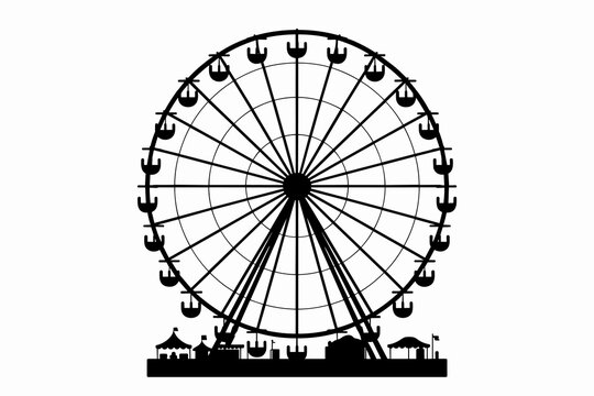 Detailed silhouette of a large ferris wheel attraction at a festive carnival fairground amusement park entertainment venue black and white illustration for creative design projects and nostalgic vinta