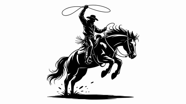 Dynamic cowboy riding bucking bronco horse silhouette vector illustration in vintage western style for rodeo event poster design or equestrian sport competition branding on ranch farm adventure travel