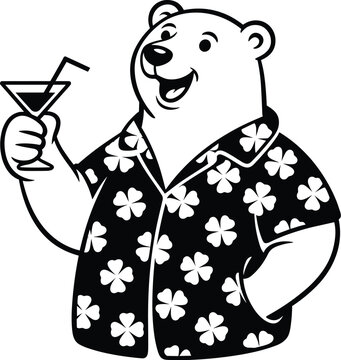 Cartoon polar bear holding cocktail glass wearing aloha shirt black and white illustration for summer vacation travel advertising tropical destination art party invitation happy hour celebration bever