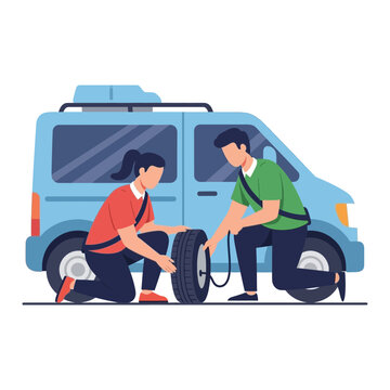 Couple fixing flat tire on blue van, car repair, roadside assistance
