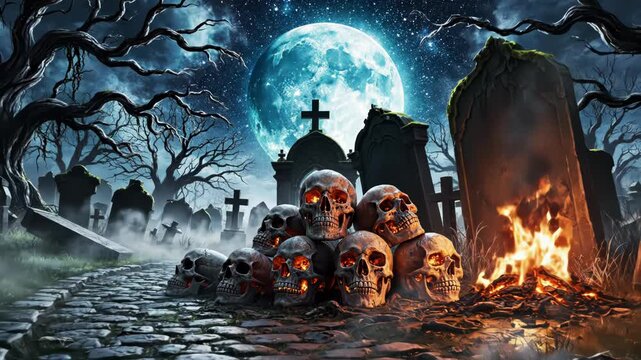 A haunting graveyard scene with a full moon and pile of skulls on a cobblestone path surrounded by trees and tombstones at night 4k video