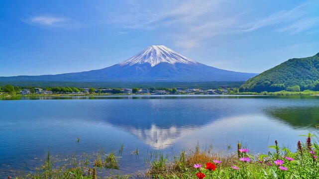 Majestic Mount Fuji Reflection Calm Lake Serene Landscape Snow- Capped Peak Vibrant Flowers Lush Greenery Blue Sky Sunny Day Peaceful Nature Scenery Iconic Landmark Travel Destination Japan Tourism