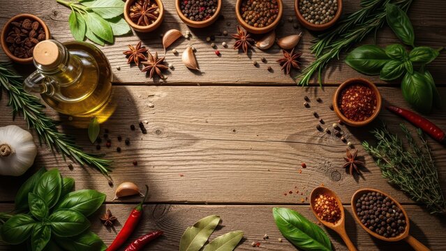Assortment of fresh cooking ingredients and aromatic herbs on a rustic wooden table for food preparation