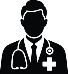 Obraz premium Professional black silhouette of medical doctor with stethoscope for healthcare industry presentation vector illustration physician in uniform design template for medical website telemedicine concept