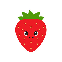 Cute strawberry, fun cartoon character, tasty and healthy berry, big eyes, emotions joy delight, happy smiling face, kawaii style, icon vector children's illustration.