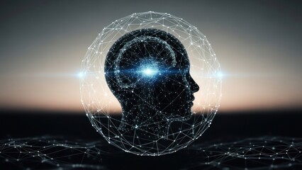 Abstract digital head silhouette inside web network with a bright blue core