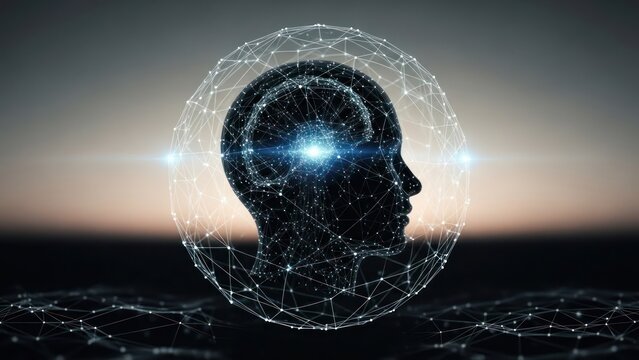 Abstract digital head silhouette inside web network with a bright blue core - Powered by Adobe