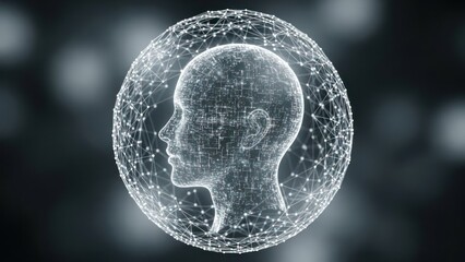 Humanoid wireframe head in digital sphere, glowing nodes and bokeh backdrop