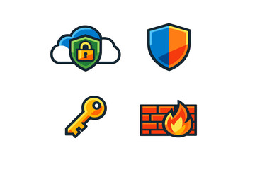 Obraz premium Cybersecurity icons: cloud security, shield, key, firewall