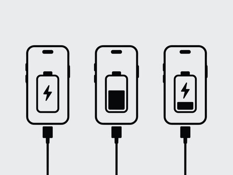 Three modern smartphone devices charging with battery level indicator showing energy capacity in technology design concept for digital lifestyle mobile communication power solutions and renewable reso