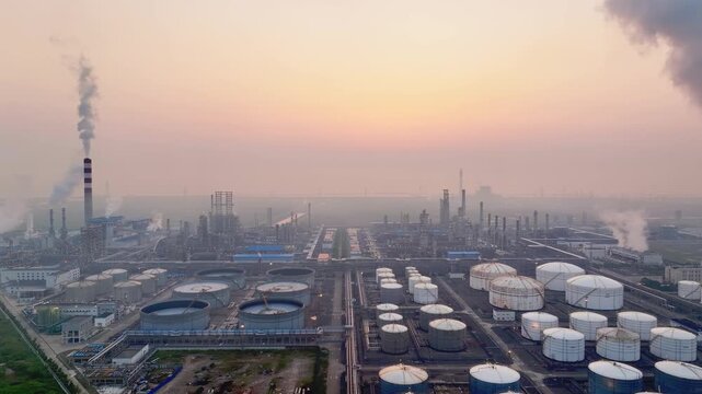 Industrial zone at sunset with smokestack emissions and rows of storage tanks