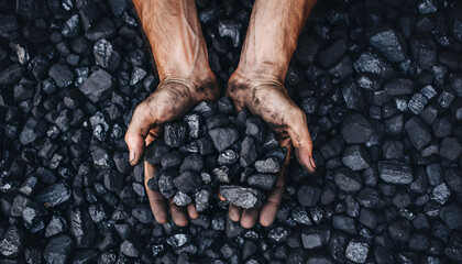 Miners Hands Covered in Coal Dust Holding Black Rocks.