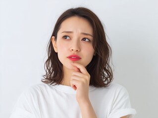Fototapeta premium 白いTシャツ姿の女性が指に手を当てて悩み考え込む日常のワンシーン