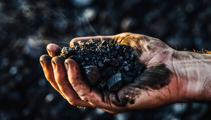 Close-up of a hand holding dark soil with small rocks.