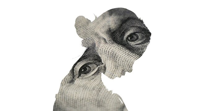 Double exposure silhouette of woman with Benjamin Franklin from US dollar &ndash; money and identity concept