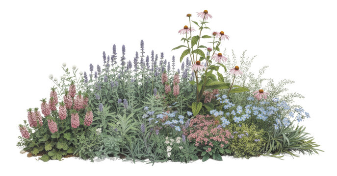 Vibrant Perennial Garden Bed with Echinacea, Lavender, and Foxtail Lilies on White Background