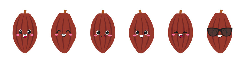 Cocoa beans set, cute and fun cartoon character, big eyes, emotions joy delight, happy smiling face, kawaii style, vector children's illustration.