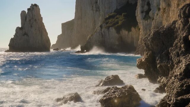 Majestic ocean waves crashing against dramatic rugged cliffs under golden sunlight creating sea spray mist and a powerful natural spectacle showcasing coastal erosion and the raw beauty of the sea