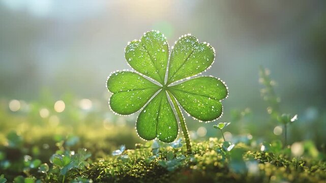 Close-up of a green four-leaf clover, symbol of luck.