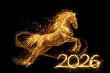 Golden glowing horse and numbers 2026, Chinese New Year 2026, lunar year of the fire horse celebration or greeting card on black background