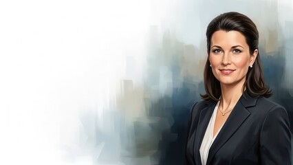 Confident professional woman with warm smile against a modern artistic background for business