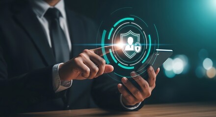 Businessman activating digital security shield