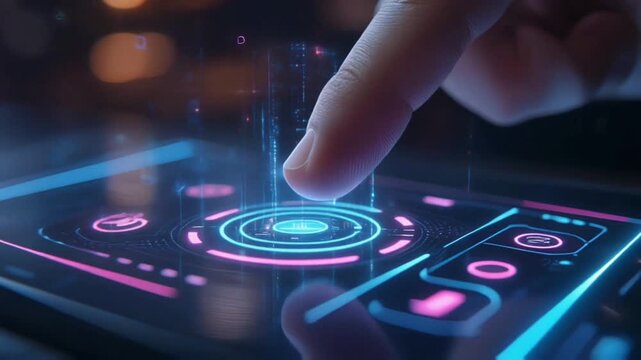 Human finger interacting with holographic digital panel, glowing blue interface elements, futuristic technology visualization, dark background, innovation and virtual control concept.