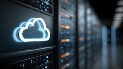 A glowing cloud icon on a server rack in a dark data center with rows of computer equipment