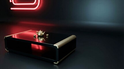 Golden teapot and small cups on a shiny black coffee table. Minimalist furniture design with exotic tea set. Elegant interior accent.