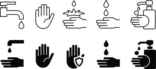 Hand Washing Hygiene Steps for Virus Prevention and Health Safety in Minimalist Line Icon Set for Healthcare Advertising and Educational Materials about Coronavirus Protection and Personal Care Sanita