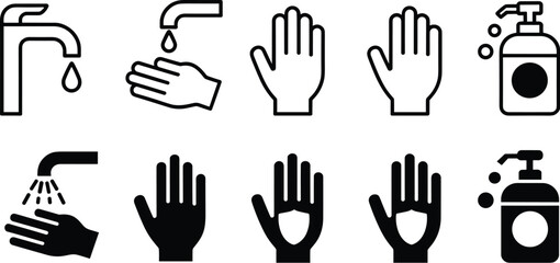 Fototapeta premium Hand Washing Hygiene Line Art Icon Set for Virus Prevention and Cleanliness Education handwashing with soap and water to prevent germs spread in healthcare medical illustrations for website infographi