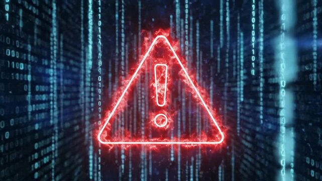 Neon warning sign with exclamation mark on a background of binary code and digital data streams 4k video