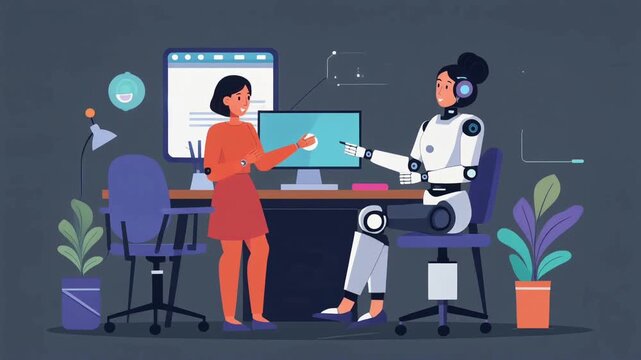 Illustrated human shaking hands with robot, symbolizing human ai collaboration, digital partnership, and future workplace technology background.
