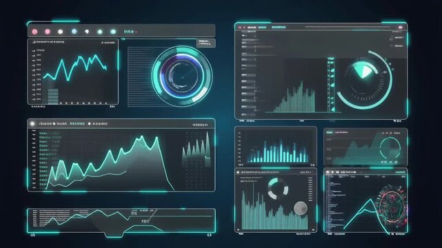 Modern digital analytics dashboard with charts and circular interface, representing data visualization, system monitoring, and business intelligence technology background.