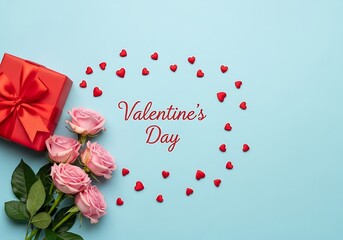 A romantic flat lay composition for valentine s day featuring a red gift box tied with a ribbon delicate pink roses and scattered red heart decorations on a soft blue background