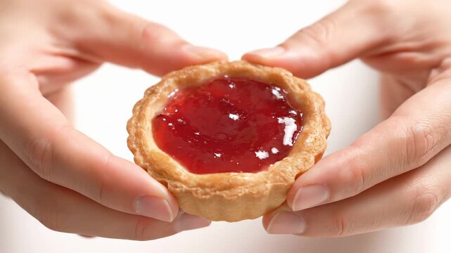 Delicious tart with berry jam in hands. Person enjoys sweet dessert with joy. Gourmet treat perfect for celebrations and special occasions. Baking brings happiness and comfort.