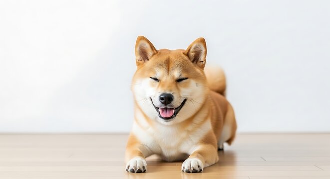 Happy Shiba Inu Dog Smiling with Eyes Closed on Wooden Floor.