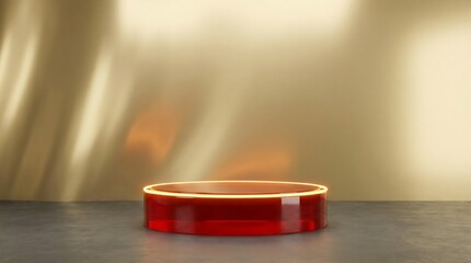 Red glass product display podium with glowing neon light on concrete floor. Golden wall background with sunlight shadows for product presentation.