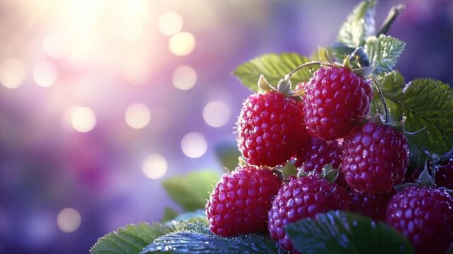 Fresh raspberries on a bush with green leaves and bokeh background.