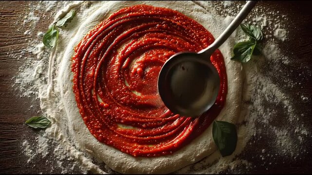 Pizza dough base with tomato sauce and basil leaves on floured surface, culinary still life photography