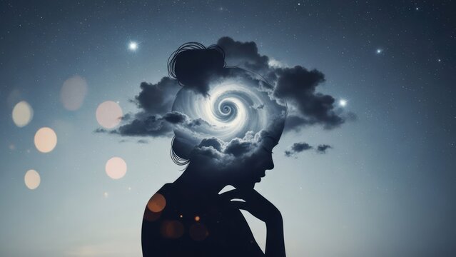 Woman silhouette with cloudy, swirling thoughts against starry night sky