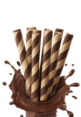 Delicious Chocolate Wafer Sticks and Rolls  in a Dynamic Chocolate Splash 3D on White Background