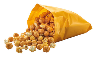 Delicious Popcorn and Caramel popcorn Snack Food spilling from a vibrant Yellow bag, isolated on white for a perfect product shot.