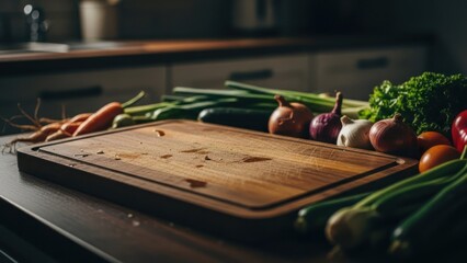 Wooden cutting board surrounded by assorted fresh vegetables on a kitchen counter