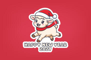 Vector cartoon holiday sticker. Cute running simple toon lamb, sheep or little goat wearing Santa hat and red scarf. Happy New Year 2027. Cheerful funny cuddly baby