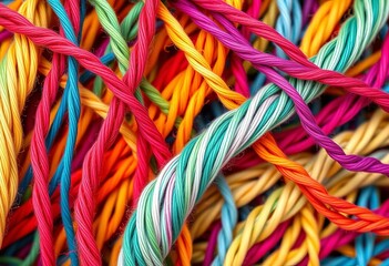 Vibrant yarn strands, twisted & interwoven in colorful stripes,  fabric,  rope