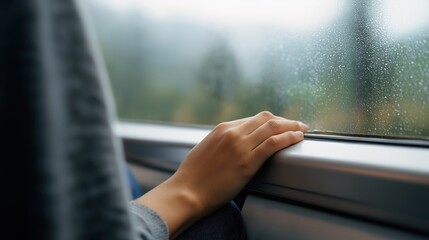 Close-up of a hand gently touching a rainy train window, evoking feelings of solitude, travel, and introspective mood.
